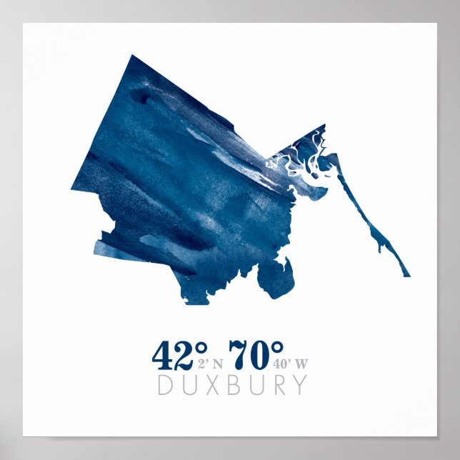 Poster Mapa de MÃES Duxbury da Cor Azul com Coordenadas (Frente)