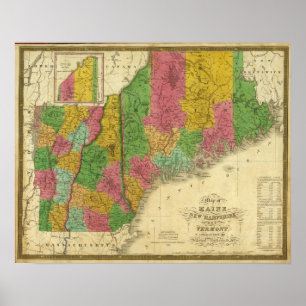 Póster Mapa de Maine, de New Hampshire, e de Vermont