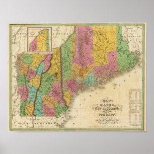 Poster Mapa de Maine New Hampshire e de Vermont