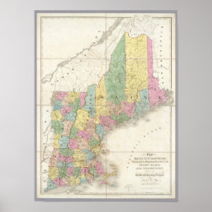 Poster Mapa de Maine, New Hampshire, Vermont
