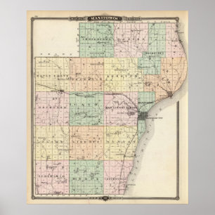 Poster Mapa de Manitowoc County, estado de Wisconsin