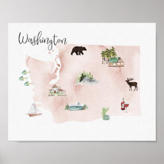 Poster Mapa de Marcas de Terra de Washington Wanderlust