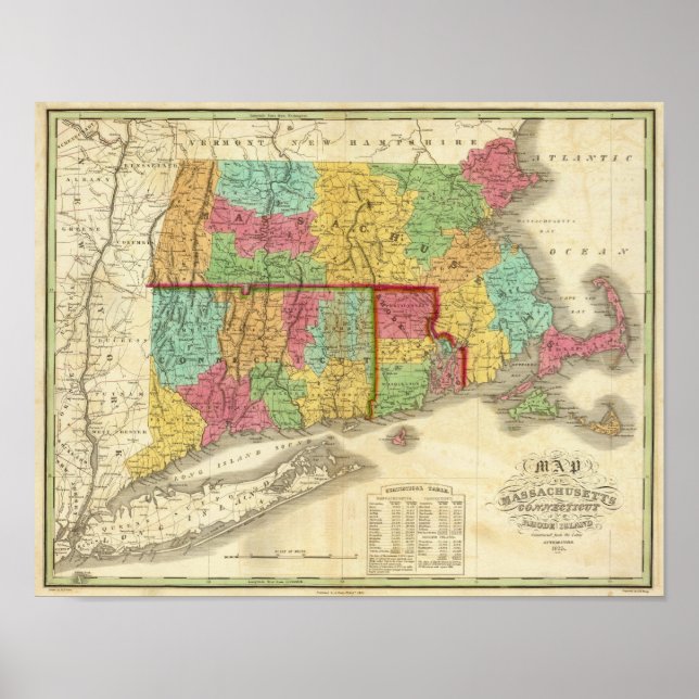 Poster Mapa de Massachusetts Connecticut and Rhode Island (Frente)