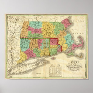 Poster Mapa de Massachusetts Connecticut e de Rhode -
