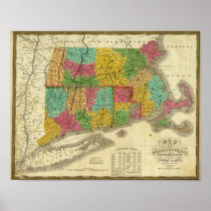 Poster Mapa de Massachusetts e de Connecticut