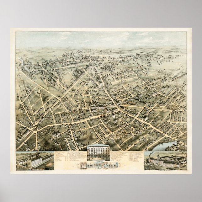 Poster Mapa de Meriden, Connecticut, de 1875 (Frente)