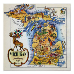 Póster Mapa de Michigan dos anos 1940