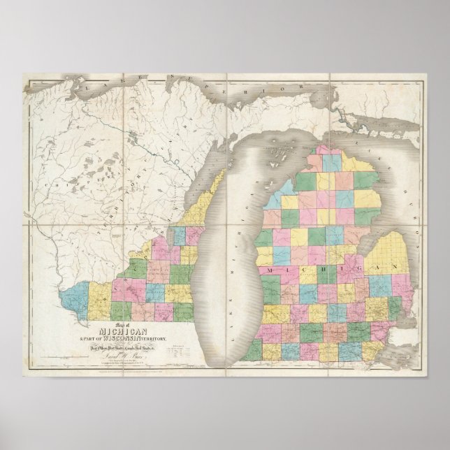 Póster Mapa de Michigan e Parte do Território de Wisconsi (Frente)