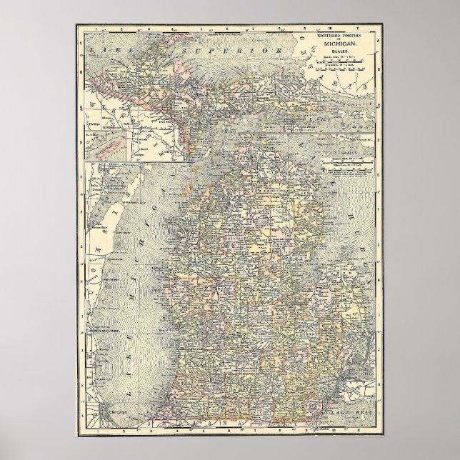 Póster Mapa de Michigan em 1901 (Frente)