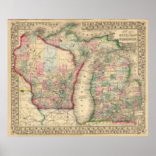 Póster Mapa de Michigan, Wisconsin por Mitchell