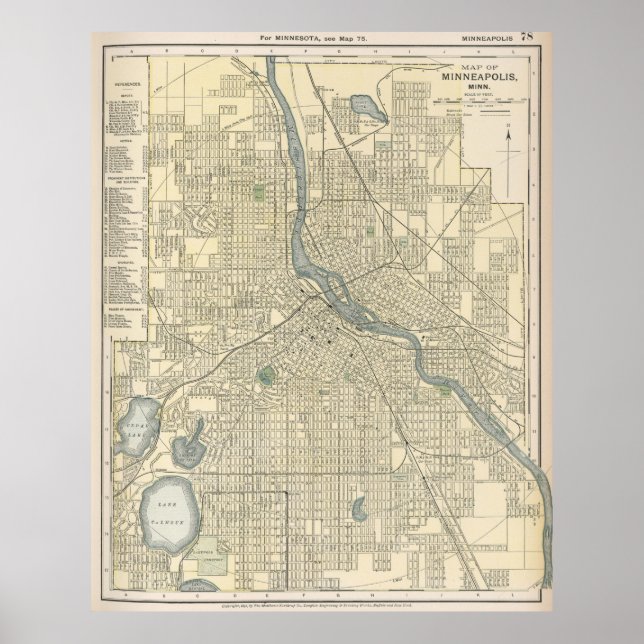 Póster Mapa de Minneapolis MN (1891) (Frente)