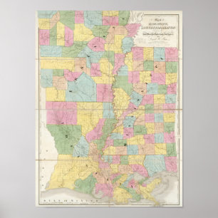 Poster Mapa de Mississippi, de Louisiana & de Arkansas