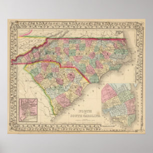 Póster Mapa de N & de S Carolina por Mitchell