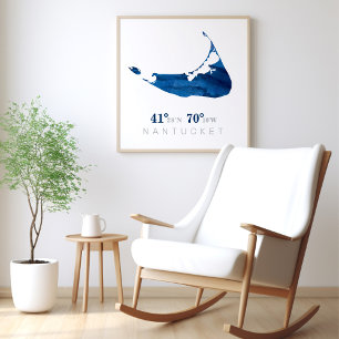 Póster Mapa de Nantucket da Cor de Água Azul com Coorden