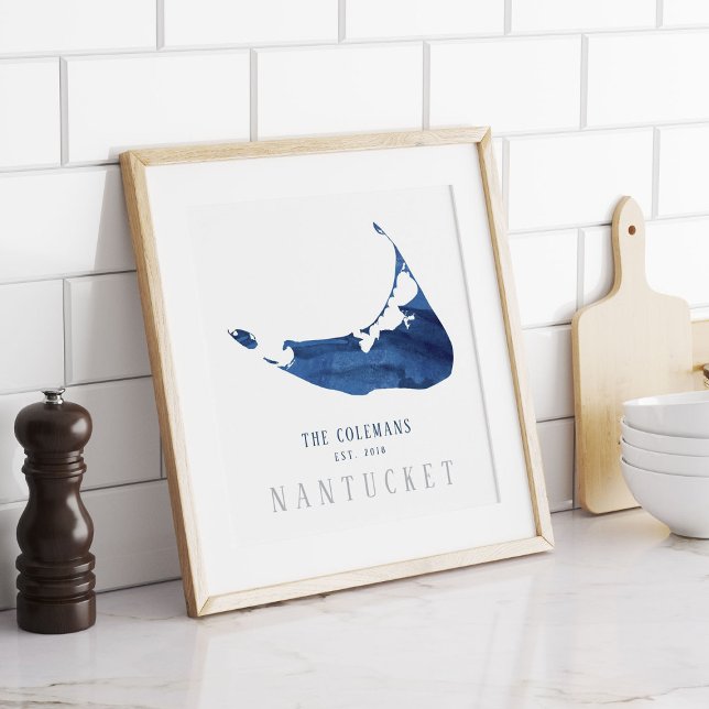 Poster Mapa de Nantucket em Aquarela Azul Família Constit (Criador carregado)