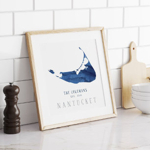 Poster Mapa de Nantucket em Aquarela Azul Família Estabel