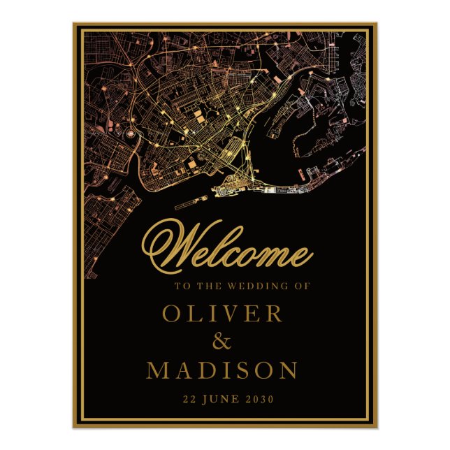 Póster Mapa de Newport Rhode Island casamento dourado Bem (Frente)