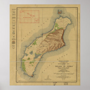 Póster Mapa de Niihau, Ilhas Havaianas, em 1929