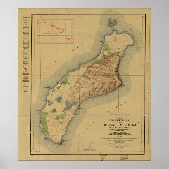 Póster Mapa de Niihau, Ilhas Havaianas, em 1929 (Frente)