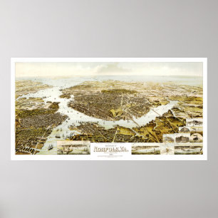 Poster Mapa de Norfolk, de VA e de arredores em 1892.