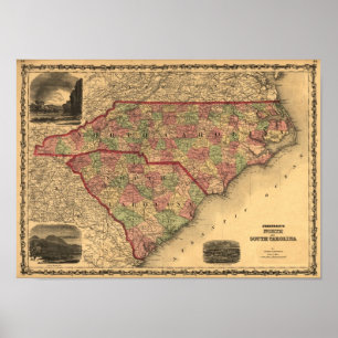 Poster Mapa de North Carolina 1861 e de South Carolina