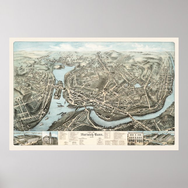 Póster Mapa de Norwich, CT de 1876 (Frente)