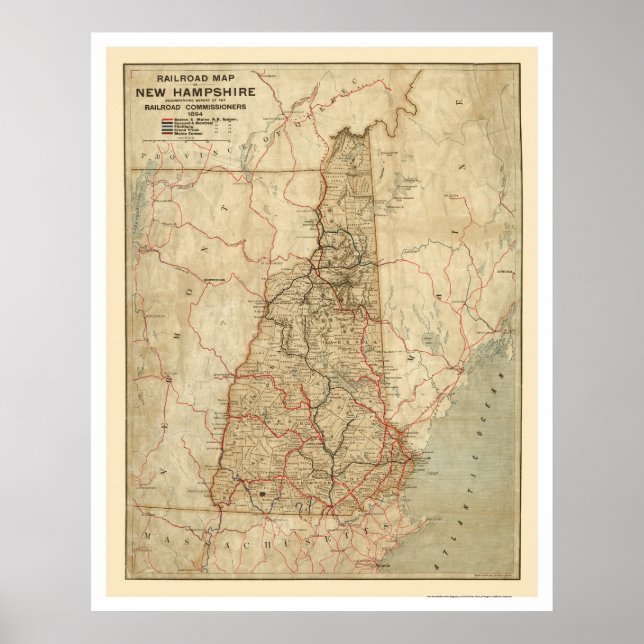Póster Mapa de Nova Hampshire Railroad 1894 (Frente)