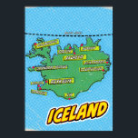 Poster Mapa de Nova Iorque ilustrado com pop Art<br><div class="desc">Um mapa do estilo pop da Islândia com um fundo azul brilhante e um padrão pontilhado. O mapa propriamente dito é verde com contornos pretos e apresenta várias cidades e cidades marcadas com pontos vermelhos e bolhas de fala amarelas. Os nomes das cidades são escritos em letras brancas dentro a...</div>