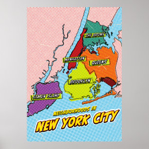 Poster Mapa de Nova Iorque ilustrado com pop Art