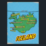 Póster Mapa de Nova Iorque ilustrado com pop Art<br><div class="desc">Um mapa do estilo pop da Islândia com um fundo azul brilhante e um padrão pontilhado. O mapa propriamente dito é verde com contornos pretos e apresenta várias cidades e cidades marcadas com pontos vermelhos e bolhas de fala amarelas. Os nomes das cidades são escritos em letras brancas dentro a...</div>