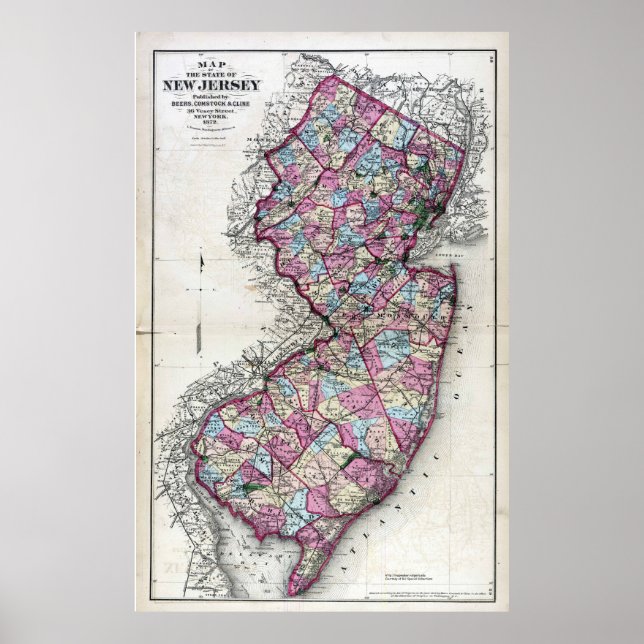 Póster Mapa de Nova Jersey em 1872 (Frente)