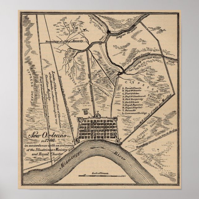 Póster Mapa de Nova Orleans 1798 (Frente)