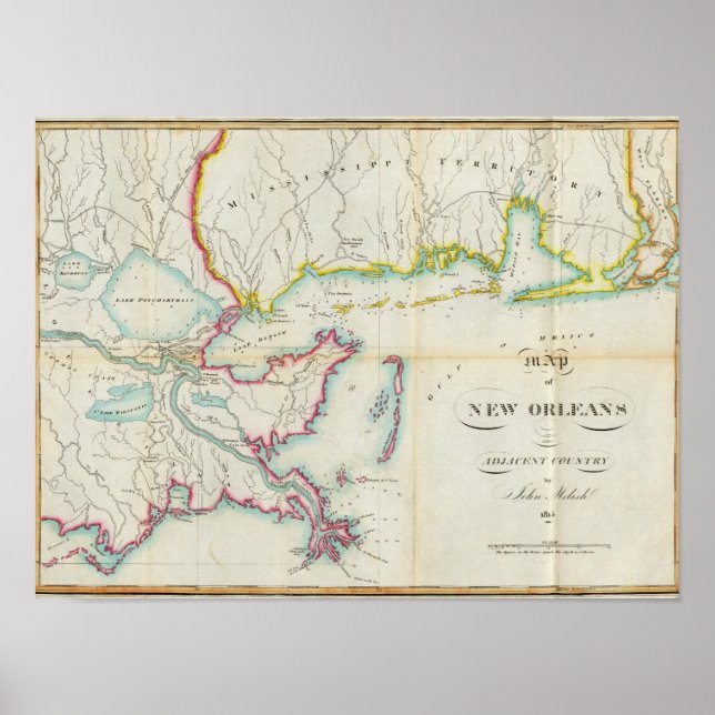 Poster Mapa de Nova Orleans e País Adjacente (Frente)