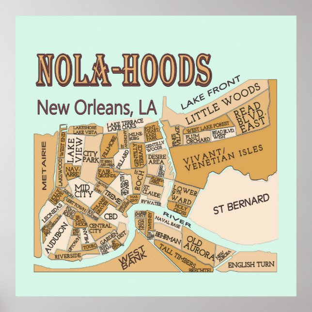 Poster Mapa de Nova Orleans, NOLA_HOODS (Frente)
