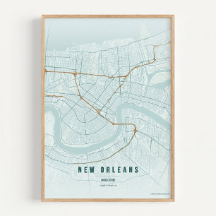 Poster Mapa de Nova Orleans Rústico Cartaz de Arte para P