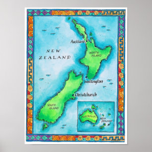 Poster Mapa de Nova Zelândia