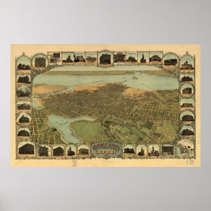 Póster Mapa de Oakland, Pássaro-Olho Vista, 1900