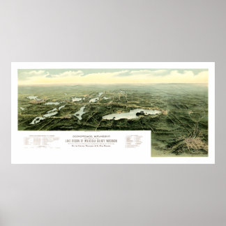 Poster Mapa de Oconomowoc e Waukesha Wisconsin em 1890