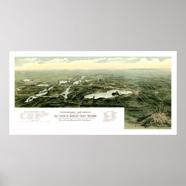 Poster Mapa de Oconomowoc e Waukesha Wisconsin em 1890 (Frente)