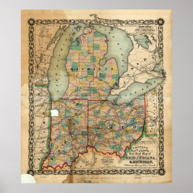 Póster Mapa de Ohio, Indiana & Michigan (1859) (Frente)