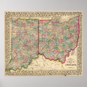 Póster Mapa de Ohio, Indiana por Mitchell