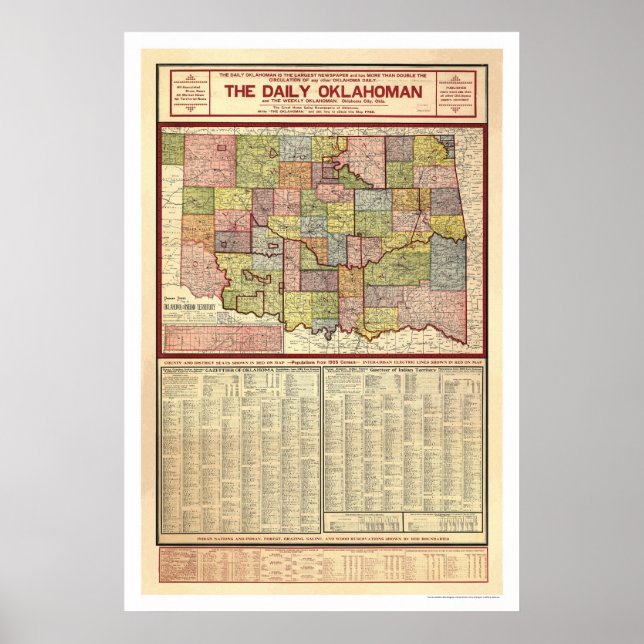 Poster Mapa de Oklahoma e Território Indiano de 1905 (Frente)