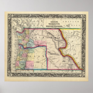 Poster Mapa de Oregon, Washington