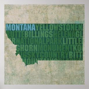 Poster Mapa de Palavras de Contorno do Estado de Montana 