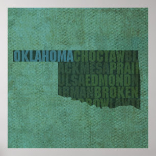 Poster Mapa de Palavras de Contorno do Estado de Oklahoma