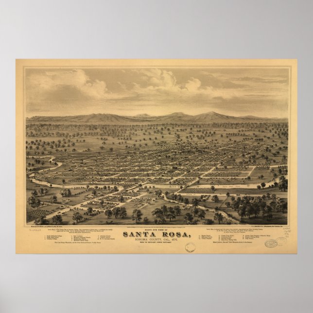 Poster Mapa de Papais noeis Rosa, Vista de Aves, 1876 (Frente)