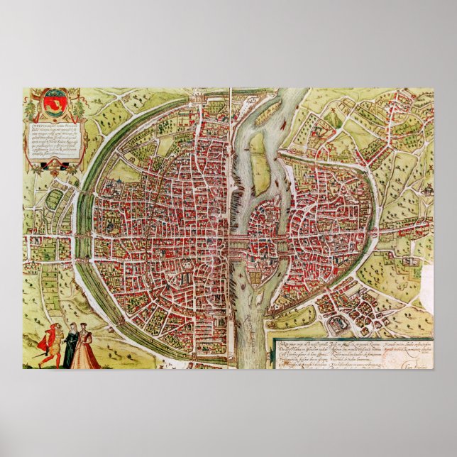 Poster Mapa de Paris de Civitates orbis terrarrum (Frente)