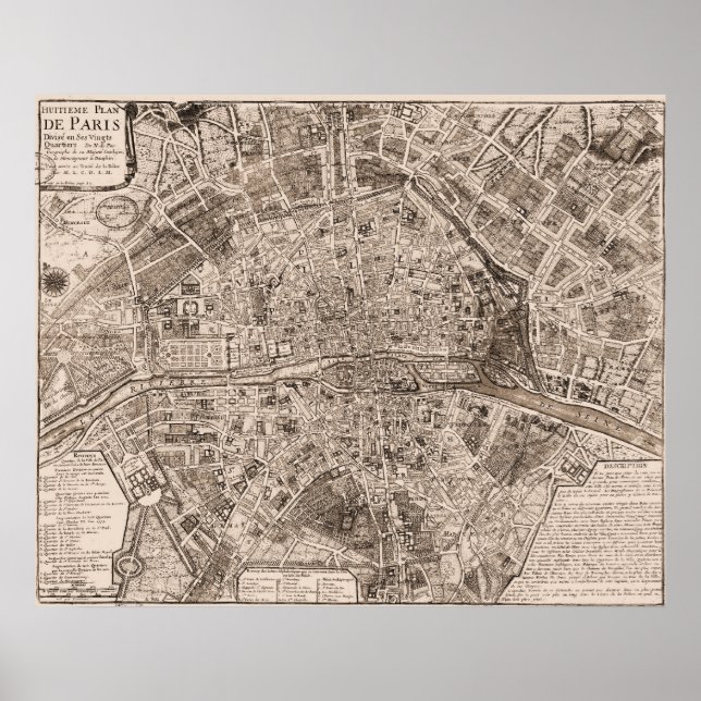 Poster Mapa de Paris, França, 1705 (Frente)