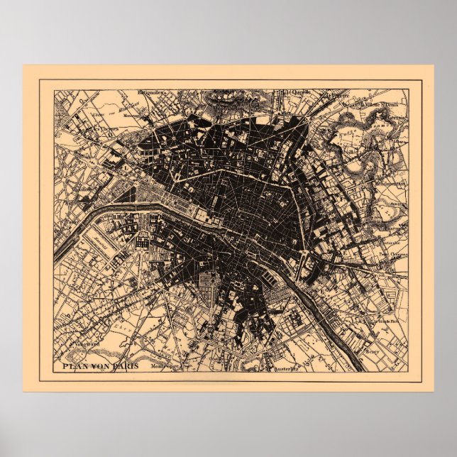 Poster Mapa de Paris França, cerca de 1890 - 1907 (Frente)