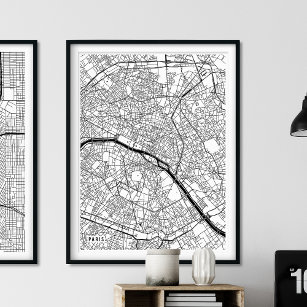 Poster Mapa de Paris, mapa moderno de Black and White Cit